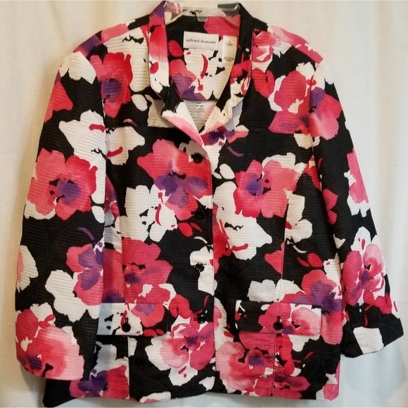 Alfred Dunner Pink White Red Floral roses jacket 3/4 length mandarin Size 16 New - Picture 3 of 8